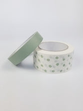 Load image into Gallery viewer, Sage green polka dot paper packaging tape - 50mm white