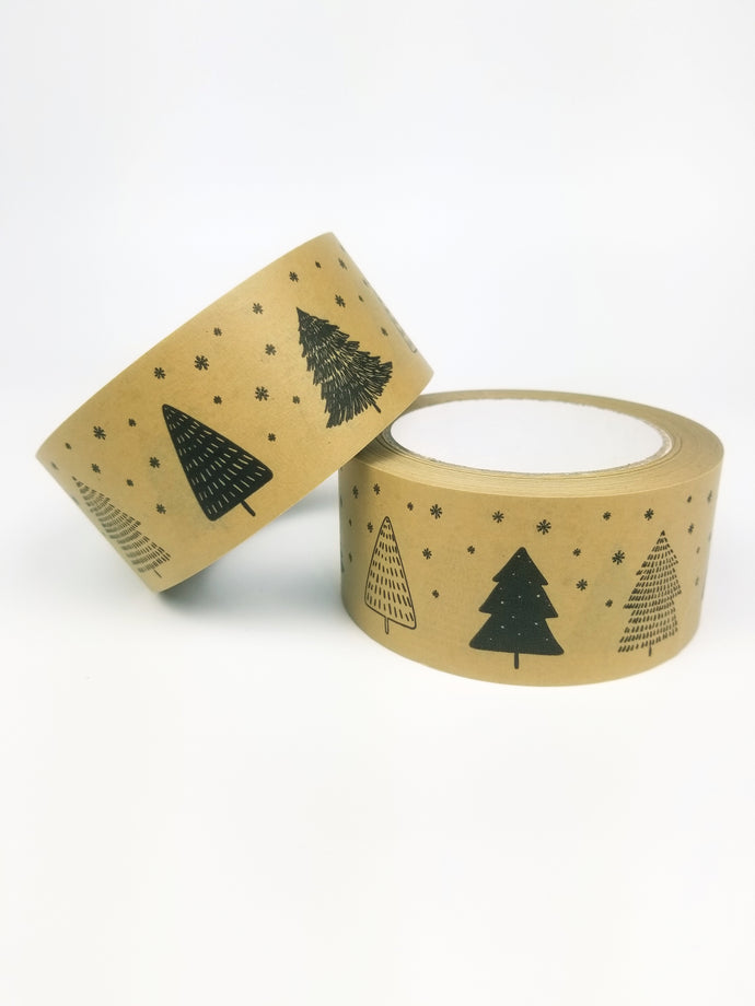 Christmas trees & snowflakes brown paper packaging tape - 50mm