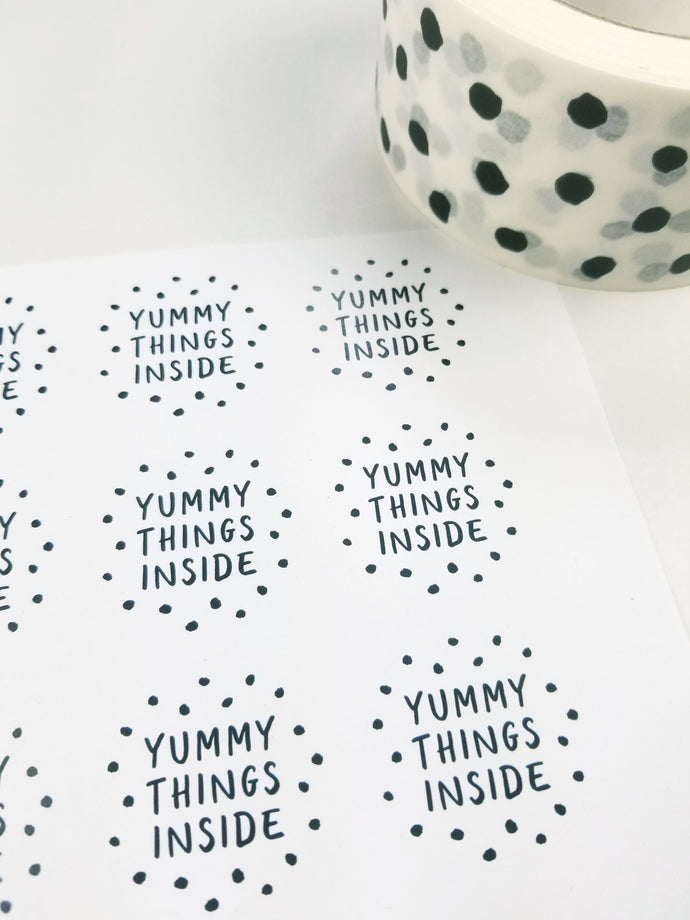 'Yummy Things Inside' spotty stickers made from 100% recycled paper.