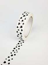 Load image into Gallery viewer, Black hearts on white tape - 25mm