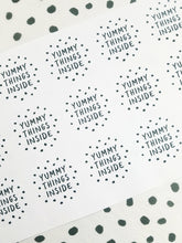Load image into Gallery viewer, &#39;Yummy Things Inside&#39; spotty stickers made from 100% recycled paper.
