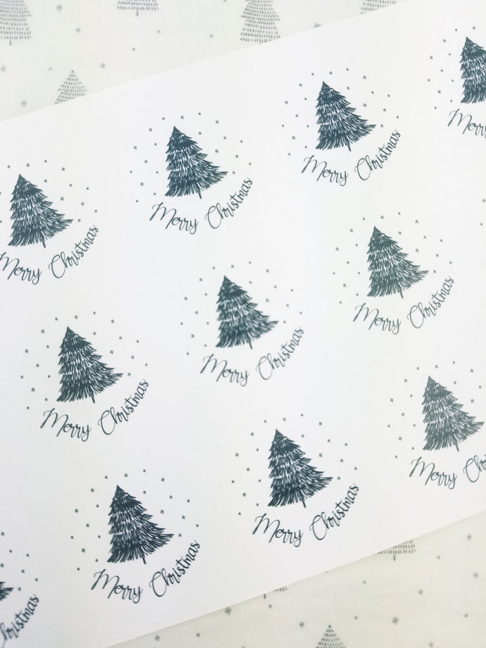 'Merry Christmas' stickers with Christmas tree design made from 100% recycled paper