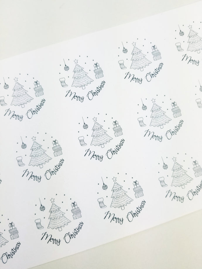 'Merry Christmas' stickers with Christmas scene design made from 100% recycled paper