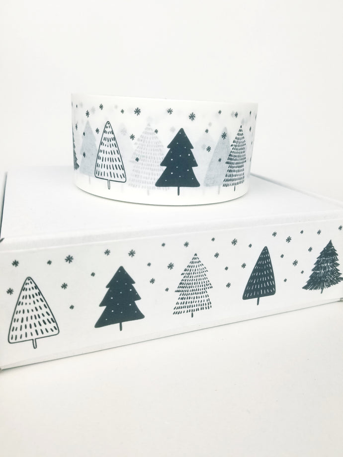 Christmas trees & snowflakes white paper packaging tape - 50mm