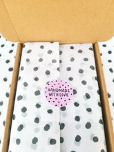 Load image into Gallery viewer, &#39;Handmade With Love&#39; spotty stickers made from 100% recycled paper

